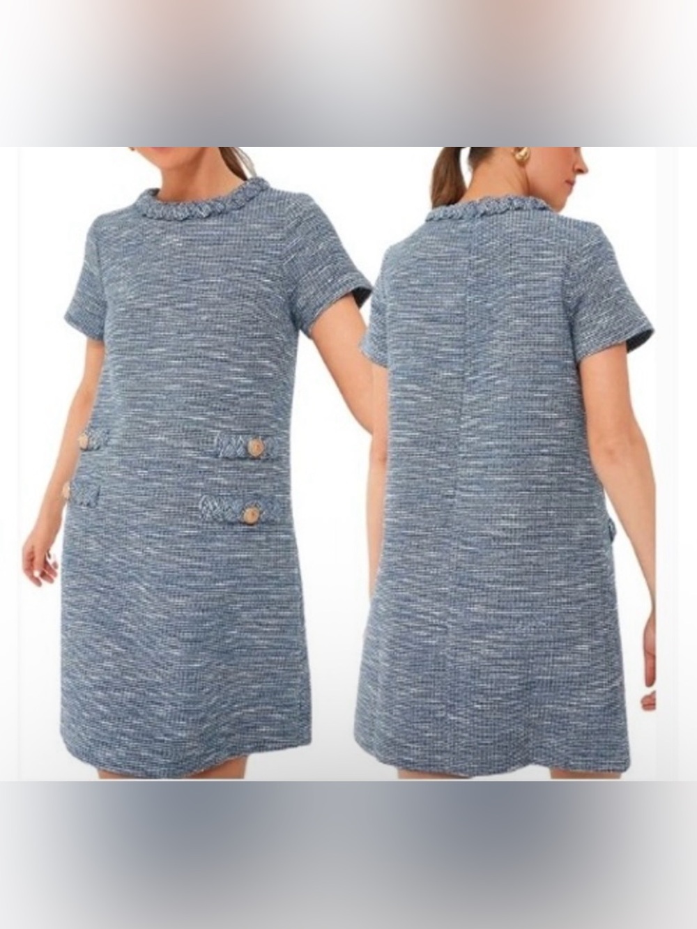 TUCKERNUCK Heathered Blue Tweed Jackie Mini Dress Short Sleeve Large